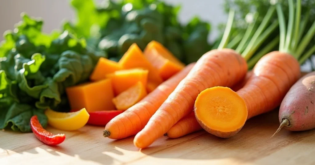 Vitaminas A natūraliuose šaltiniuose: morkos, saldžiosios bulvės ir špinatai