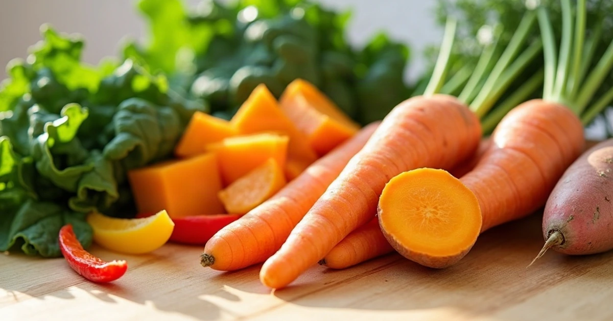 Vitaminas A natūraliuose šaltiniuose: morkos, saldžiosios bulvės ir špinatai