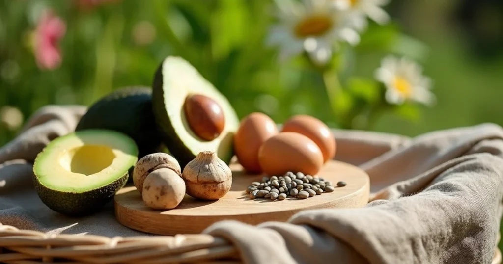 Vitaminas B5 natūralūs šaltiniai – avokadai, kiaušiniai ir saulėgrąžų sėklos