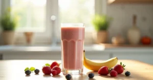 Dietinis kokteilis: kas tai, nauda svorio kontrolei ir kaip vartoti 1 Dietinis kokteilis – vaisių ir uogų kokteilis su braškėmis, mėlynėmis ir bananu