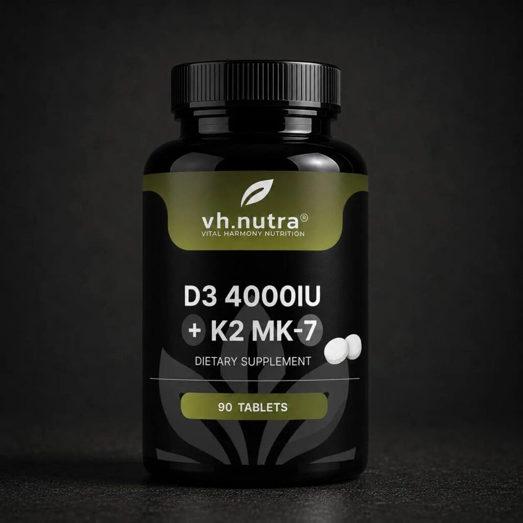 Sporto ir maisto papildai : Stipresnis RYTOJ prasideda ŠIANDIEN! 5 VH.Nutra Vitaminas D3 4000 IU + K2 MK-7 90 tablečių – juodas buteliukas su alyvuogių spalvos etiketu