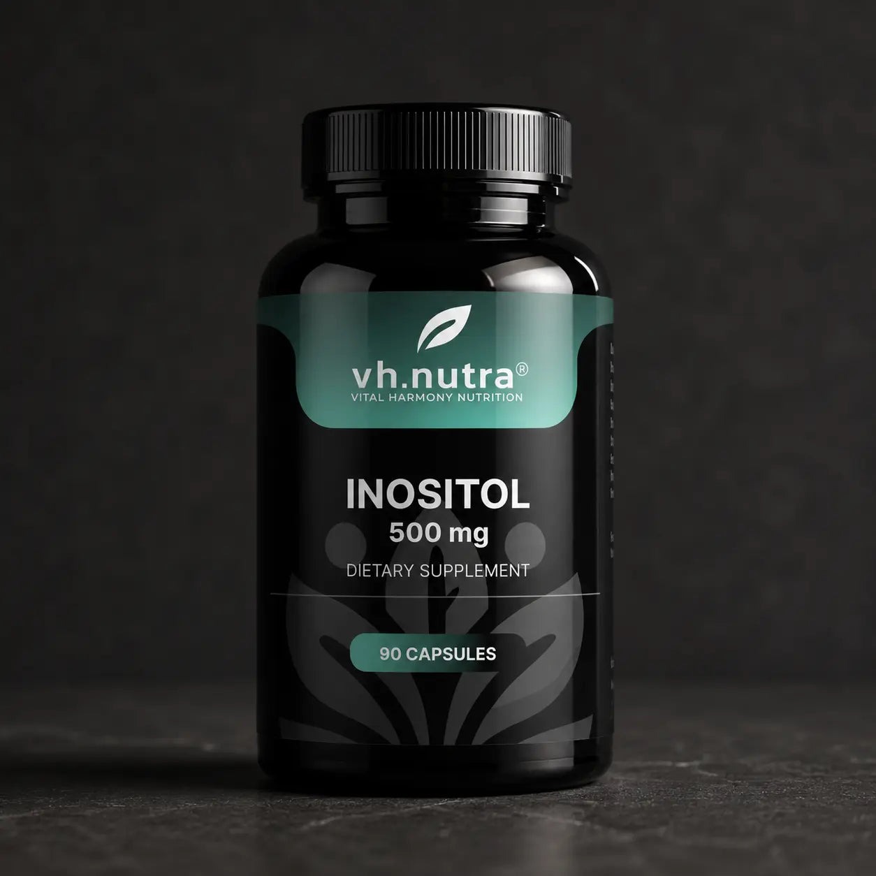 VH.Nutra Inozitolis 500 mg – 90 kapsulių 1 VH.Nutra Inozitolis 500 mg 90 kapsulių – juodas buteliukas su tamsiai žaliu etiketu