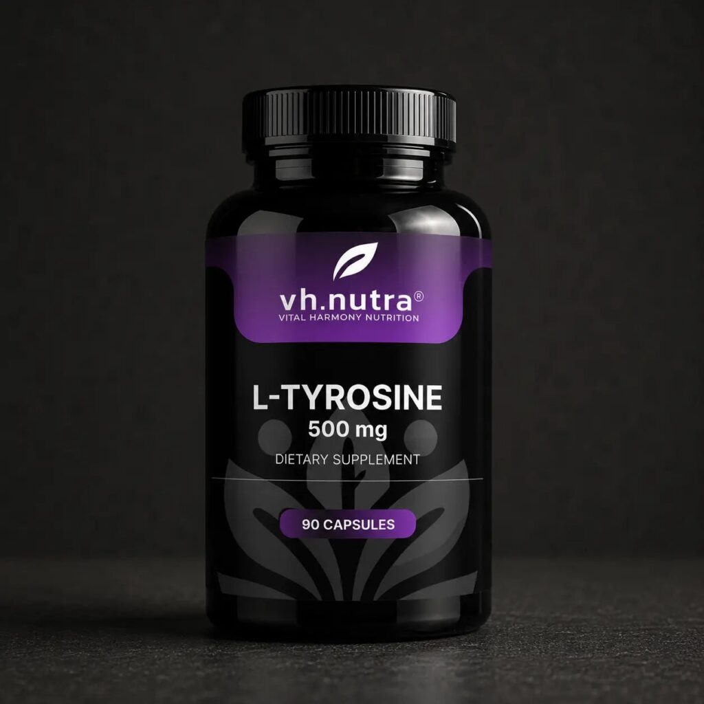 Sporto ir maisto papildai : Stipresnis RYTOJ prasideda ŠIANDIEN! 3 VH.Nutra L-Tirozinas 500 mg 90 kapsulių – juodas buteliukas su violetiniu etiketu