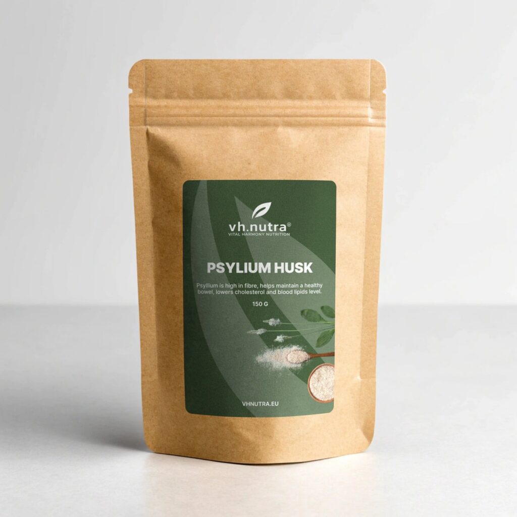 Sporto ir maisto papildai : Stipresnis RYTOJ prasideda ŠIANDIEN! 6 VH.Nutra Psyllium luobelės 150 g – ruda popierinė pakuotė su žaliu etiketu ir Plantago ovata augalo iliustracija